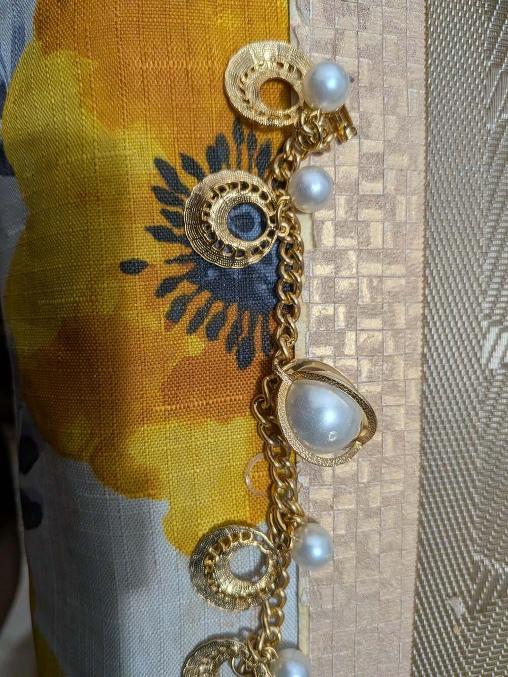 Vintage Gold-Tone Faux Pearl and Medallion Charm Bracelet